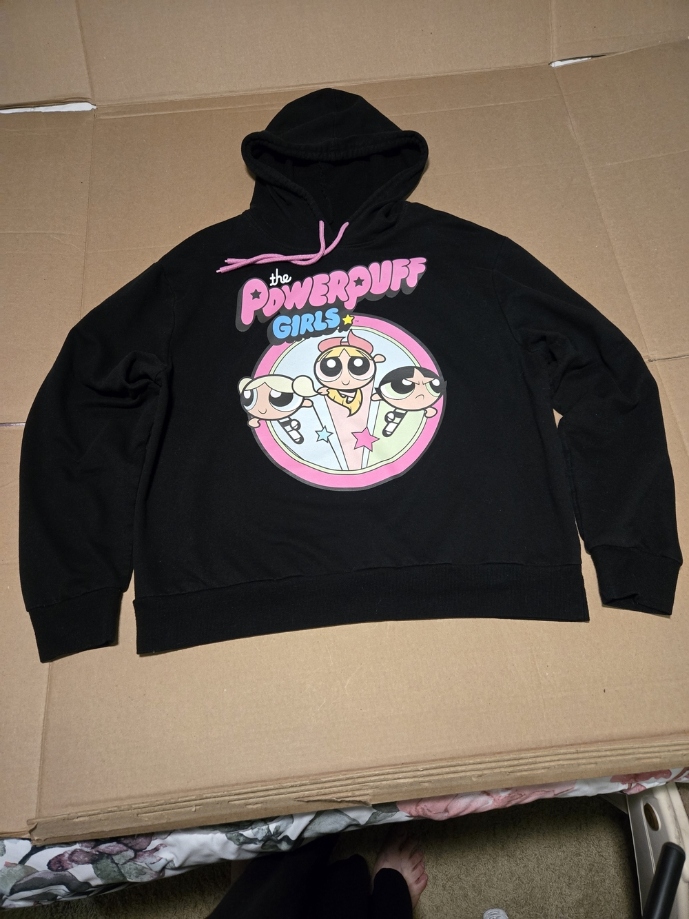 Black Powerpuff Girls Graphic Hoodie with Pink Drawstrings